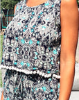 Monochrome print cotton tassel top and trousers suits