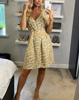 Beige Abstract Print V-Neck Skater Mini Dress