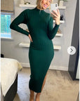 Soft Knitted Ribbed Midi Bodycon front OR back cut out design Dress In Green