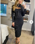 Lace up and cut out design Metallic midi bodycon dress in Black