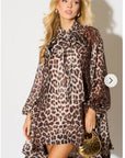 Oversized Leopard print billow dress with blouson sleeves