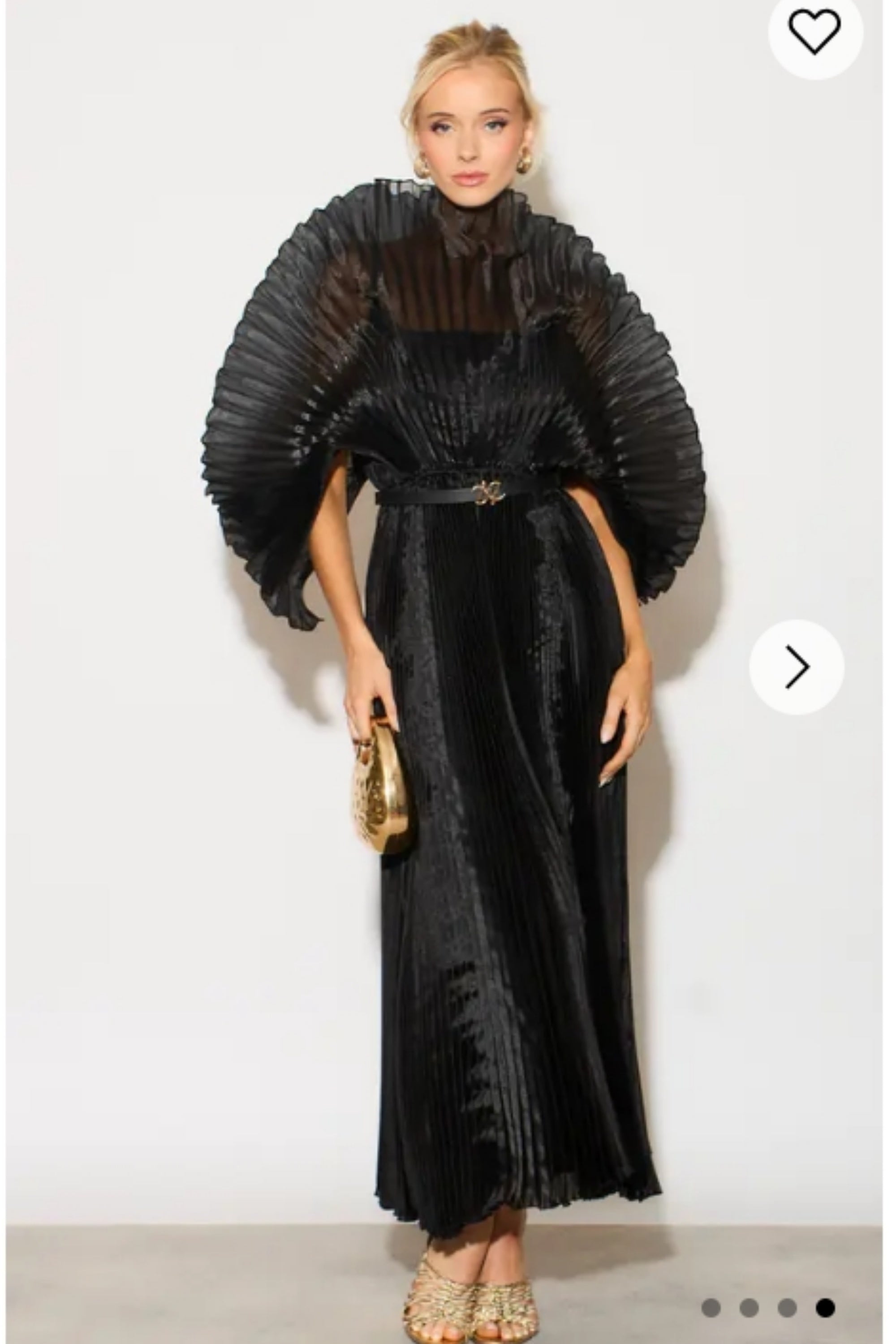 Pleated long dress with organza pleated cape sleeves in black – CYLONDON