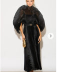 Pleated long dress with organza pleated cape sleeves in black