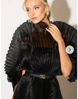 Pleated long dress with organza pleated cape sleeves in black
