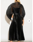 Pleated long dress with organza pleated cape sleeves in black
