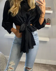 Cross Back and fron tie up crop shirt top in black