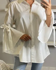 Bell sleeve shirt with ties in white