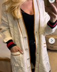 Jacquard design knit Long Cardigan with Gold Trim design in Cream