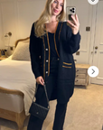 Jacquard design knit Long Cardigan with Gold Trim design in Black