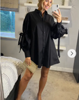 Oversized Ballon sleeves with tie up cotton blend shirt dress in black