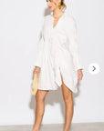 Asymmetry with Elasticated design cotton blend shirt dress in white