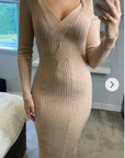 Soft Knitted Ribbed Midi Bodycon front twist design Dress In Beige