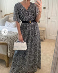 Floral Print Chiffon Wrap Maxi Dress (Grey Leopard)