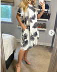 multi leaves print black white contrast cotton shift dress