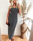 Double strip navy white stripe Maxi dress in black