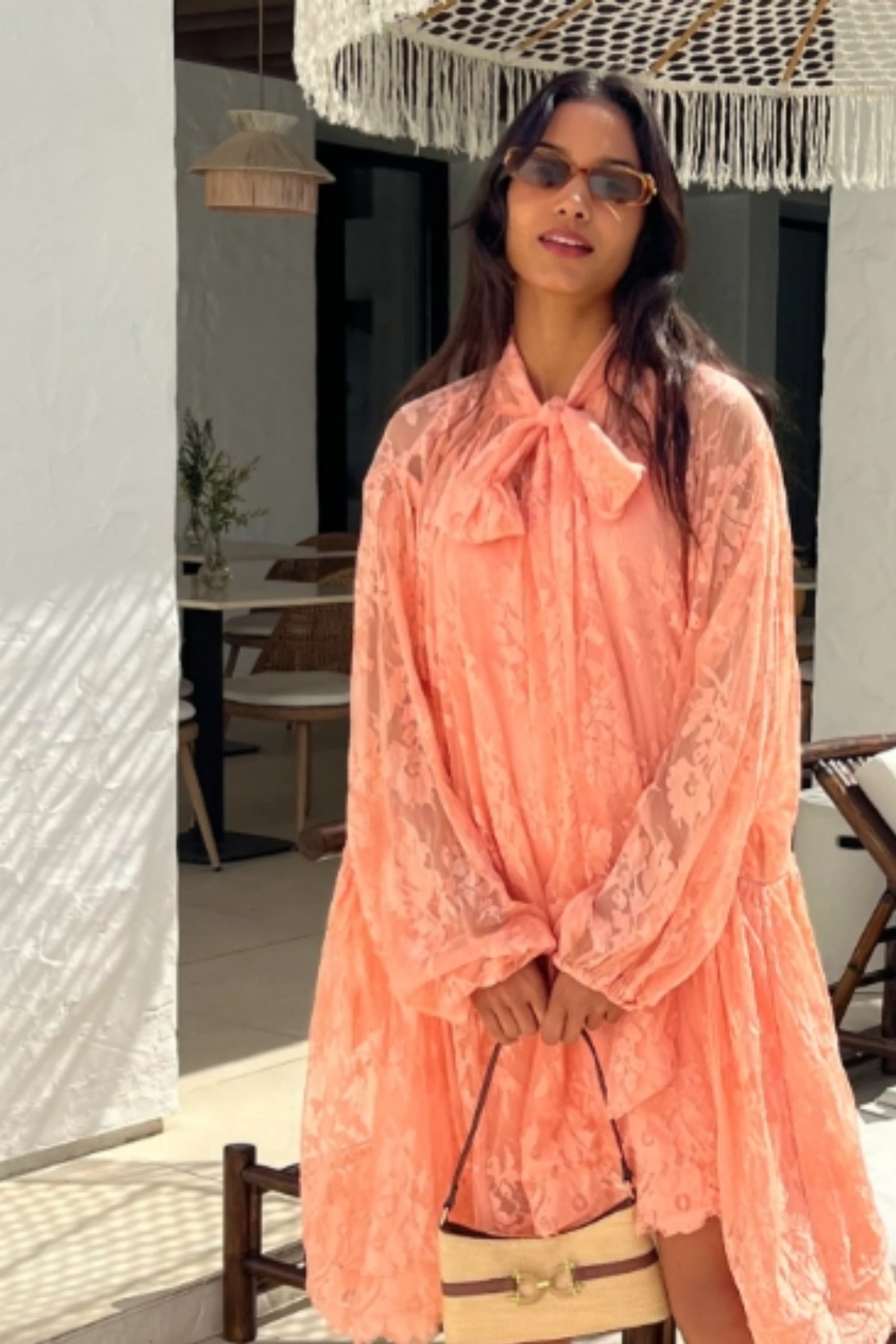 strapless open back dress Floral Lace Long Blouseon Sleeves Design Dress In Peach orange – CYLONDON