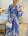 Blue monochrome scarf print pleated long shirt dress