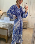 Blue monochrome scarf print pleated long shirt dress