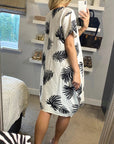 multi leaves print black white contrast cotton shift dress