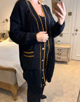 Jacquard design knit Long Cardigan with Gold Trim design in Black