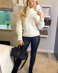 Mock neck cable knit long sleeves cropped jumper in white
