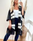 Knitted Poncho Cape in Black and White Stripe