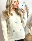 Embroidered couldy print fluffy jumper (CREAM)