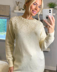 Multi faxu Pearl embellished design neckline long knit jumper dress in white