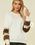 Leopard look faux fur embellished sleeves jumper