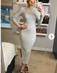 Ribbed midi Knit dress long sleeves in plain grey