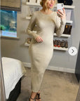 Ribbed midi Knit dress long sleeves in plain beige