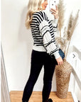 Multi layer ruffle sleeves black white color stripe jumper top