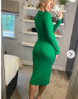 Soft Knitted Ribbed Midi Bodycon Side Split Tie up design Dress In Green