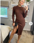 Soft Knitted Ribbed Midi Bodycon Side Split Tie up design Dress In Brown