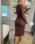 Soft Knitted Ribbed Midi Bodycon Side Split Tie up design Dress In Brown