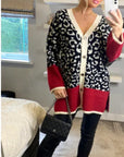 Leopard pattern design oversized cardigan with red hem