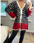 Leopard pattern design oversized cardigan with red hem