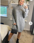 Super Soft Fine Knit Plain Color Funnel Neck Long Jumper Dress in grey