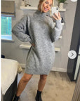 Super Soft Fine Knit Plain Color Funnel Neck Long Jumper Dress in grey