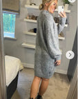 Super Soft Fine Knit Plain Color Funnel Neck Long Jumper Dress in grey
