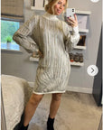 Gold metallic design long jumper dress in Cream