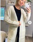 Cable knit design wool-blended long oversized cardigan in White