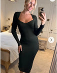 Soft Knitted Ribbed Midi Bodycon Dress Long Sleeve In Green