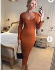 Soft Knitted Ribbed Midi Bodycon Dress Long Sleeve In Brown