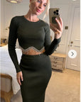 Scalloped shape knit top with diamonded chain embellish and midi skirt co-ords in green