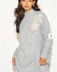 Multi Diamonded and Sequin design pattern Embroidered Long Jumper in grey