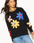 Floral Pattern Embroidered Soft knit Long Sleeves Jumper in black