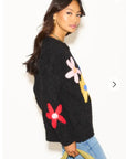 Floral Pattern Embroidered Soft knit Long Sleeves Jumper in black