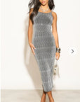 Scooped-neck sleeveless metallic-knit maxi dress in Sliver