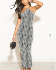 High-neck sleeveless metallic-knit with pattern print maxi dress in Sliver